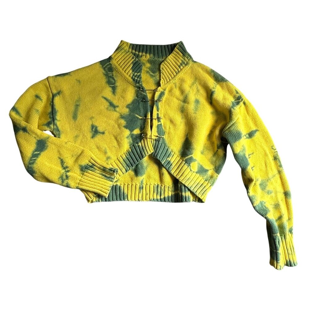 Vintage Tie Dye Knit Safety Pin Cardigans Sweaters Women's Yellow Green Y2K
